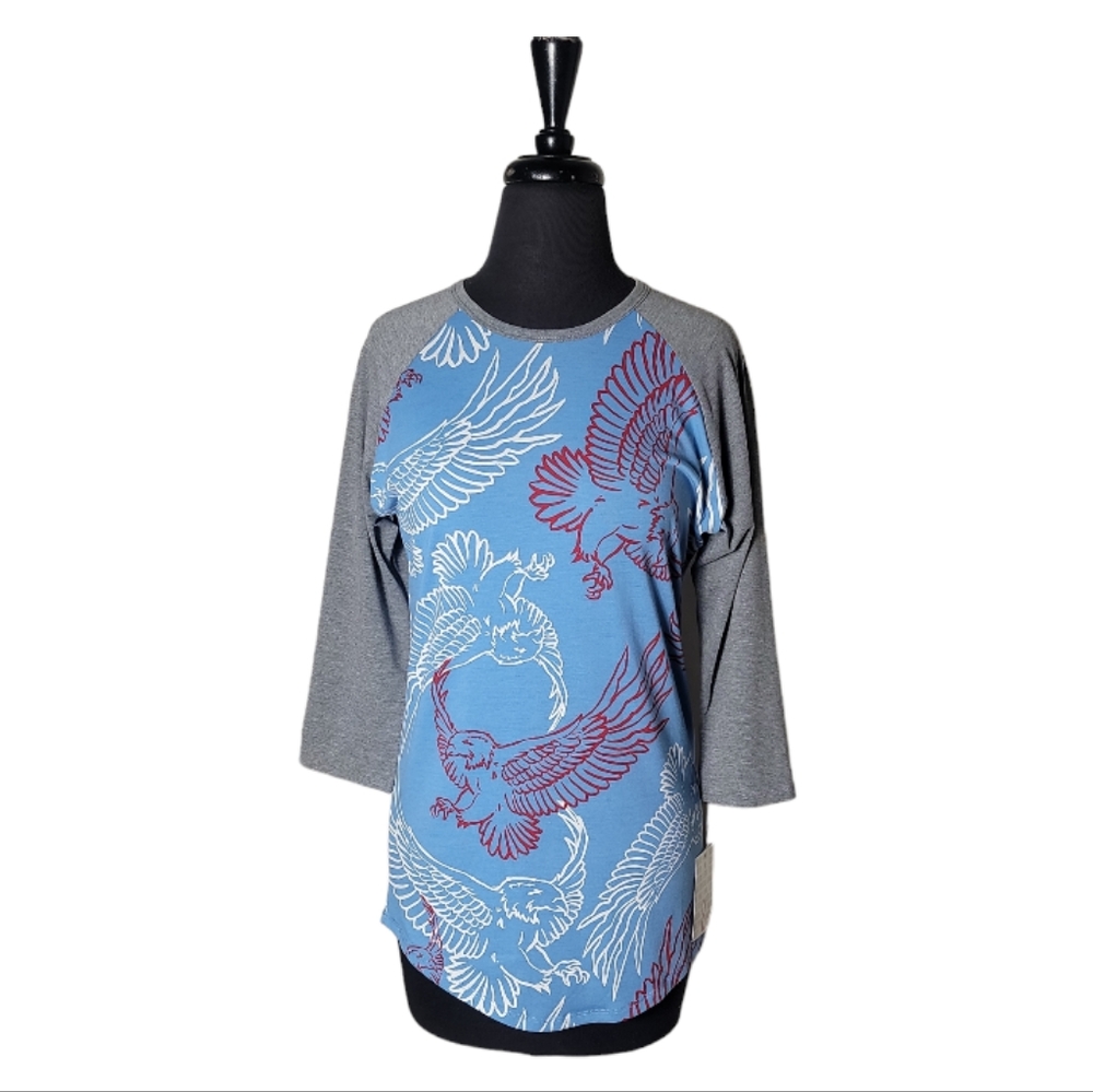 LuLaRoe Randy eagle print baseball tee shirt women's small blue gray 3/4 sleeve